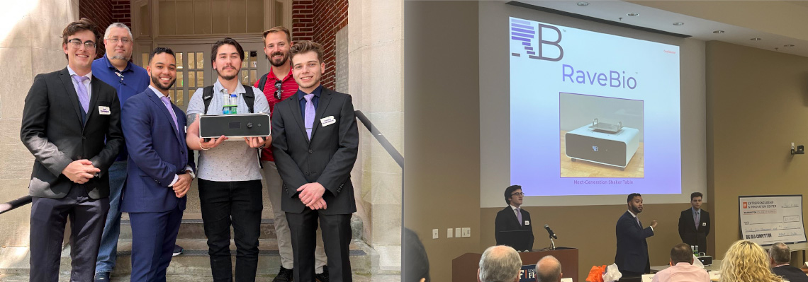 A composite of two images. One featuring members of the RaveBio group including Dr. Truam in front of a building and holding the shaker table they developed. The other images shows group members presenting their shaker table product to a group of people.